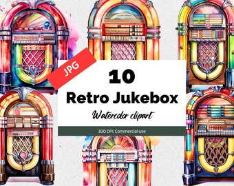 May include: Ten watercolor illustrations of vintage jukeboxes in various colors, including red, yellow, blue, and green. Each jukebox has a unique design and features a classic retro style.
