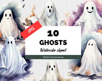 Imágenes Prediseñadas de fantasmas de Halloween, 10 JPG de alta calidad, Uso comercial, Descarga instantánea, Acuarela de Halloween, Fantasmas, Calabazas, Truco o trato
