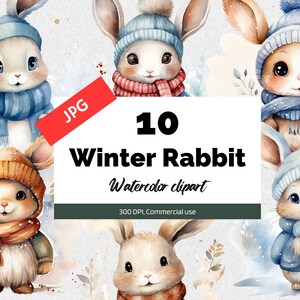 May include: Ten watercolour illustrations of cute winter rabbits wearing hats and scarves. The rabbits are in various poses and have different coloured hats and scarves. The illustrations are perfect for adding a touch of winter cheer to your projects.