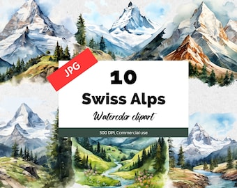 Watercolor Swiss Alps clipart, 10 High quality JPG, Commercial use, Instant download, Switzerland, Travel, Summer vacation, Mountain, Hiking