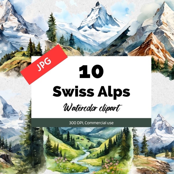 Watercolor Swiss Alps clipart, 10 High quality JPG, Commercial use, Instant download, Switzerland, Travel, Summer vacation, Mountain, Hiking