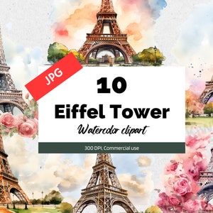 Clipart de tour Eiffel aquarelle, JPG, cliparts de Paris, utilisation commerciale, point de repère français, voyage, France, téléchargement numérique, carte de voeux