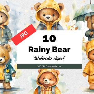 Watercolor rainy bear clipart, 10 High quality JPGs, Commercial use, Instant download, Raining, Weather, Raincoat, Nursery wall art, Cute