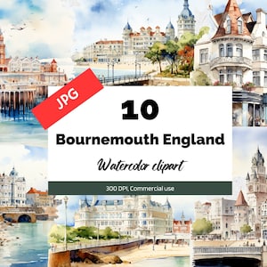 clipart Bournemouth Angleterre aquarelle, 10 fichiers JPG de haute qualité, Utilisation commerciale, Téléchargement instantané, Fabrication de cartes, Carte de voeux, Cartes postales, Ville