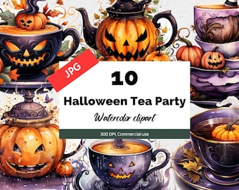 Halloween tea party clipart, 10 High quality JPGs, Commercial use, Instant download, Autumn, Fall, Fantasy witches, Pumpkins, Design element