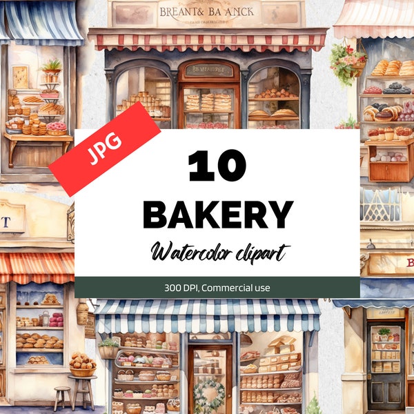 Watercolor bakery storefront clipart, 10 High quality JPGs, Cute bakery shop cafe, Instant download, Commercial use, Card making, Summertime