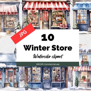 Watercolor winter store clipart,  10 High quality JPGs, Commercial use, Instant download, Christmas, Snowing, Snowy stores, Cute winter shop