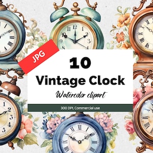 Imágenes prediseñadas de reloj vintage acuarela, 10 JPG de alta calidad, Uso comercial, Descarga instantánea, Alarma retro, Relojes florales, Ilustración antigua