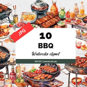 Watercolor summer BBQ clipart, 10 High quality JPGs, Grill, Kebab, Ribs, American culture, Commercial use, Instant download, Summer cliparts