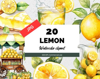Peut inclure: Un ensemble de 20 illustrations de citron en aquarelle. L'ensemble comprend des citrons, des tranches de citron, des citronniers, de la limonade et des tartes au citron. Le texte "20 LEMON Watercolor clipart 300 DPI, Commercial use" est sur un fond blanc.