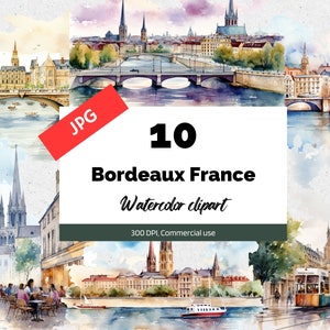 Clipart Bordeaux France, 10 fichiers JPG de haute qualité, usage commercial, téléchargement immédiat, ville française, voyage, vacances, paysage urbain, fabrication de cartes, art