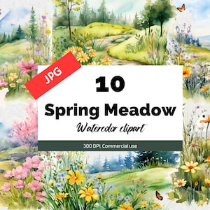 Watercolor spring meadow clipart, Wildflower field landscapes, Summer clipart, 10 high quality JPGs, Commercial use, Instant download