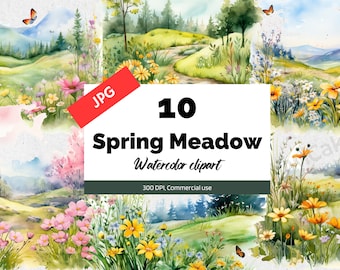 Watercolor spring meadow clipart, Wildflower field landscapes, Summer clipart, 10 high quality JPGs, Commercial use, Instant download