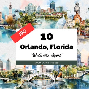 WasserfarbeOrlando, Florida Clipart, 10 hochwertige JPG, kommerzielle Nutzung, Sofort-Download, Kartenherstellung, USA, Stadt, Städte, Stadtbild, USA