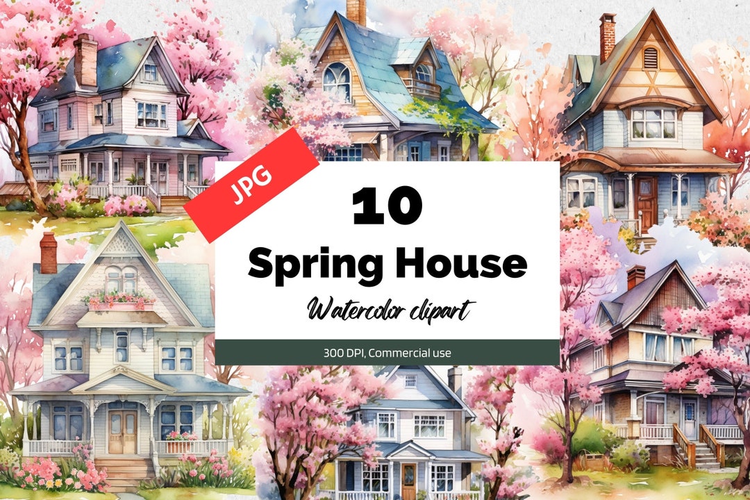 Watercolor Spring House Clipart, 10 High Quality Jpgs, Commercial Use ...