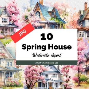 Aquarelle spring house clipart, 10 JPG de haute qualité, Utilisation commerciale, Téléchargement instantané, Fabrication de cartes, Maison, Maisons victoriennes, Temps de sprint