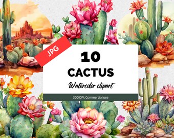 10 Clipart de cactus aquarelle, 10 JPG de haute qualité, Utilisation commerciale, Clipart désert, Cactus mignons, Fabrication de cartes, Mexique, Arizona, Scrapbooking