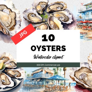 Aquarell Austern Thema Clipart, 10 hochwertige JPGs, kommerzielle Nutzung, Seafood Cliparts, Sommer Strand ClipArt, Kartenherstellung, Restaurant Essen