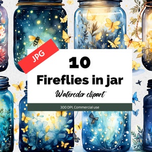 Watercolor firefly jars clipart, 10 High quality JPGs, Commercial use, Instant download, Fireflies cliparts, Digital paper craft, Apparel