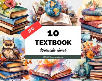 Watercolor school textbook clipart, 10 High quality JPG, Commercial use, Instant download, Back to school, College, University, Students