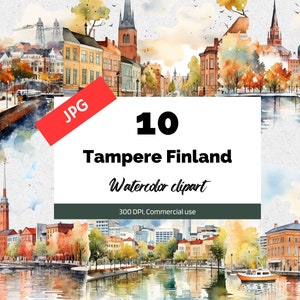 Clipart de Tampere Finlândia, 10 JPG de alta qualidade, uso comercial, download instantâneo, cidade finlandesa, viagens, férias, paisagem urbana, criação de cartões, viagem