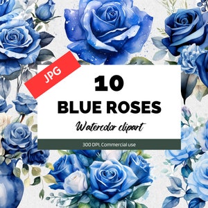 10 Aquarell blaue Rosen Clipart JPG, Fantasy Blumen Clipart, Winter Clipart, kommerzielle Nutzung, Sofortiger Download, Kartenherstellung, Märchenbuch