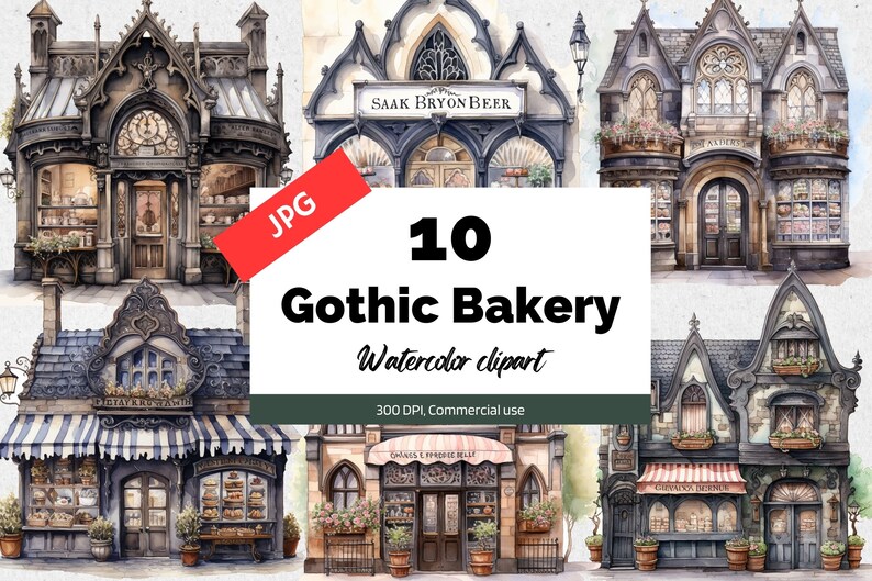 Watercolor Gothic Bakery Clipart, 10 High Quality Jpgs, Commercial Use ...
