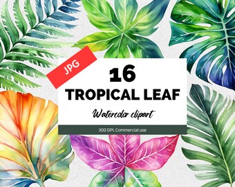 Watercolor tropical leaves clipart, 16 High quality JPGs, Summer clipart, Vacation clipart, Commercial use, Instant download, Scrapbooking