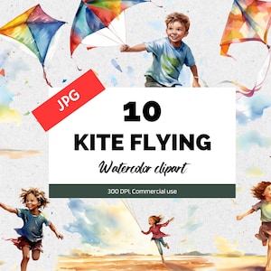 Watercolor kite flying clipart, 10 High quality JPGs, Commercial license, Instant download, Card making, Spring, Summer, Beach, Fun, Kids