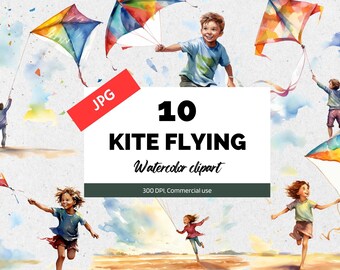 Watercolor kite flying clipart, 10 High quality JPGs, Commercial license, Instant download, Card making, Spring, Summer, Beach, Fun, Kids