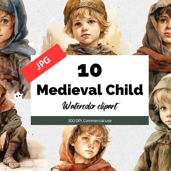 Watercolor medieval children clipart, 10 High quality JPGs, Commercial use, Instant download, Medieval time, Ancient world, Middle ages