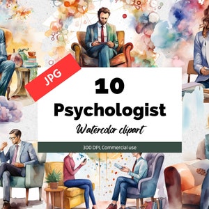 Aquarell Psychologe Clipart, 10 Hochwertige JPGs, Kommerzielle Nutzung, Sofortiger Download, Psychology, Psychiater, Therapeut, Counseling