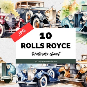 Watercolor Rolls Royce Clipart, 10 high quality JPGs, Junk journals, Digital planners, Commercial use, Instant download, Card making