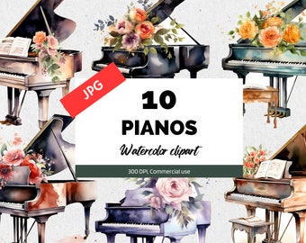 Watercolor piano clipart, 10 High quality JPGs, Floral pianos, Music clip art, Piano musical instrumental, Commercial use, Instant download