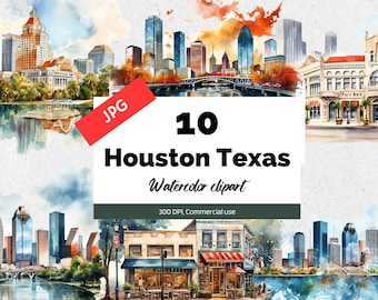 Watercolor Houston Texas clipart, 10 High quality JPGs, Commercial use, Instant download, cityscape, American, USA, Cityscape, Travel, Texan