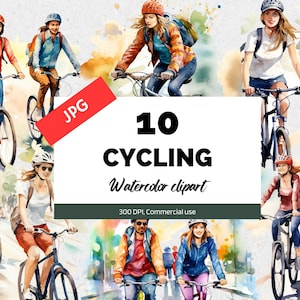Watercolor cycling clipart. 10 High quality JPGs, Commercial license, Instant download, Card making, Exercise, Family time, Friends, Bicycle