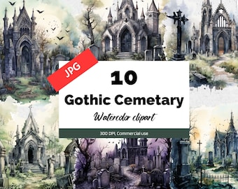 Watercolor gothic cemetery clipart, 10 High quality JPGs, Commercial use, Instant download, Halloween graphics, Funeral, Zombie, Haunted
