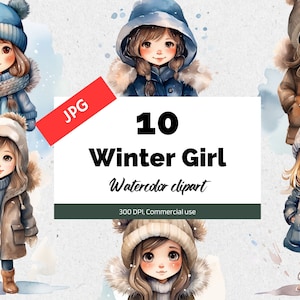 Clipart de niña de invierno, 10 JPG de alta calidad, Uso comercial, Descarga instantánea, Nieve, Nevando, Gráficos de invierno, Chicas lindas, Fabricación de tarjetas