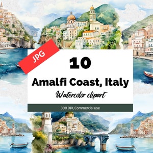 Costiera Amalfitana, Clipart Italia, 10 JPG di alta qualità, Uso commerciale, Download istantaneo, Città italiana, Creazione di cartoline, Biglietto d'auguri, Vista sul mare