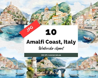 Amalfi Coast, Italy clipart, 10 High quality JPGs, Commercial use, Instant download, Italian town, Card making, Greeting card, Seaside view