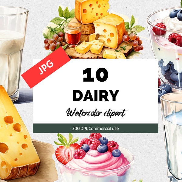 10 Watercolor dairy clipart JPG, Milk, Yogurt, Cheese, Commercial use, Instant download, Dessert cliparts, Food clip art, Scrapbook images