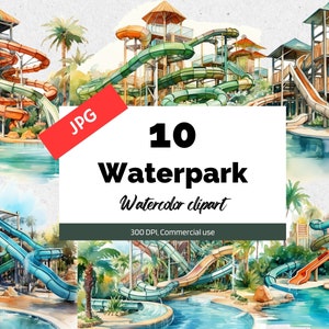 Aquarel zomer waterpark clipart, 10 hoge kwaliteit JPG's, commercieel gebruik, Instant download, zomer clip art, pretpark, zomerkamp