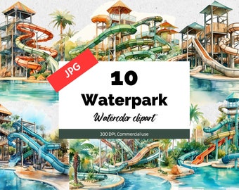 Watercolor summer waterpark clipart, 10 High quality JPGs, Commercial use, Instant download, summer clip art, Amusement park, Summer camp