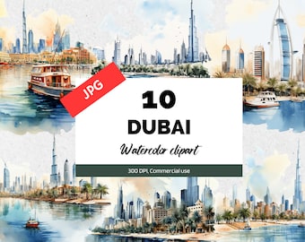 Watercolor travel Dubai clipart, 10 High quality JPGs, Commercial use, Instant download, Summer vacation, Travel clipart, Sightseeing, Card