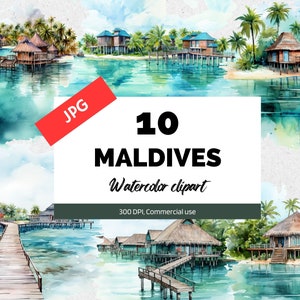 Imágenes prediseñadas de acuarela Maldivas, 10 JPG de alta calidad, Uso comercial, Descarga instantánea, Sur de Asia, Viajes, Vacaciones, Océano, Costa