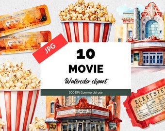 May include: A set of 10 watercolor movie clipart illustrations. The set includes movie tickets, popcorn, and movie theater buildings. The illustrations are in a vintage style and are perfect for adding a touch of nostalgia to your projects.