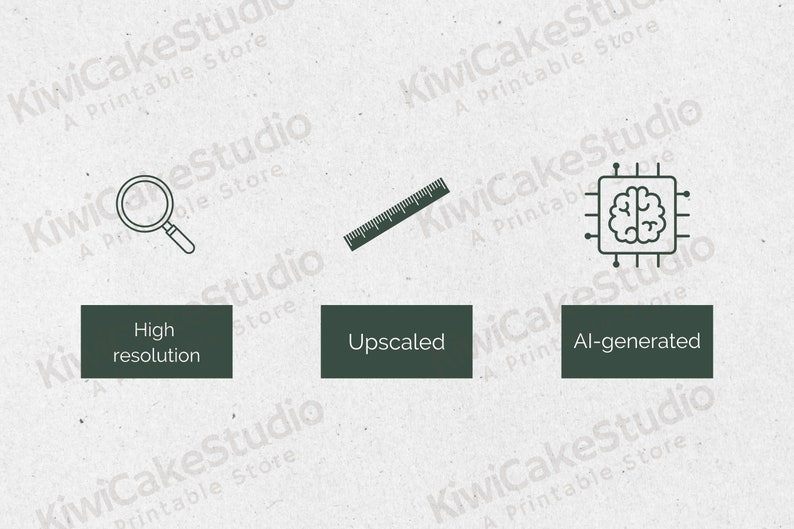 May include: A graphic comparing three image quality levels: high resolution, upscaled, and AI-generated. The high resolution image is represented by a magnifying glass, the upscaled image is represented by a ruler, and the AI-generated image is represented by a brain inside a computer chip.