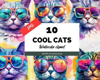 Puede incluir: Una ilustración digital de 10 gatos geniales con gafas de sol. Los gatos están pintados en un estilo acuarela con colores vibrantes. La imagen incluye el texto "10 COOL CATS Watercolor clipart 300 DPI, Commercial use".