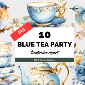 Clipart dell'acquerello tea party, 10 clipart di alta qualità, creazione di carte, tazze da tè blu e oro, grafica del tè da giardino, creazione di carte, fantasia floreale
