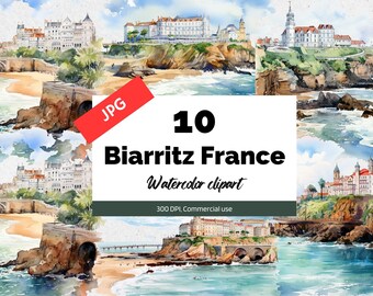 Biarritz France clipart, 10 High quality JPG, Commercial use, Instant download, French city, Travel, Vacation, Cityscape, Card making, art